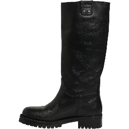 Black Leather Buckle Detail Mid Calf Boots Shoes