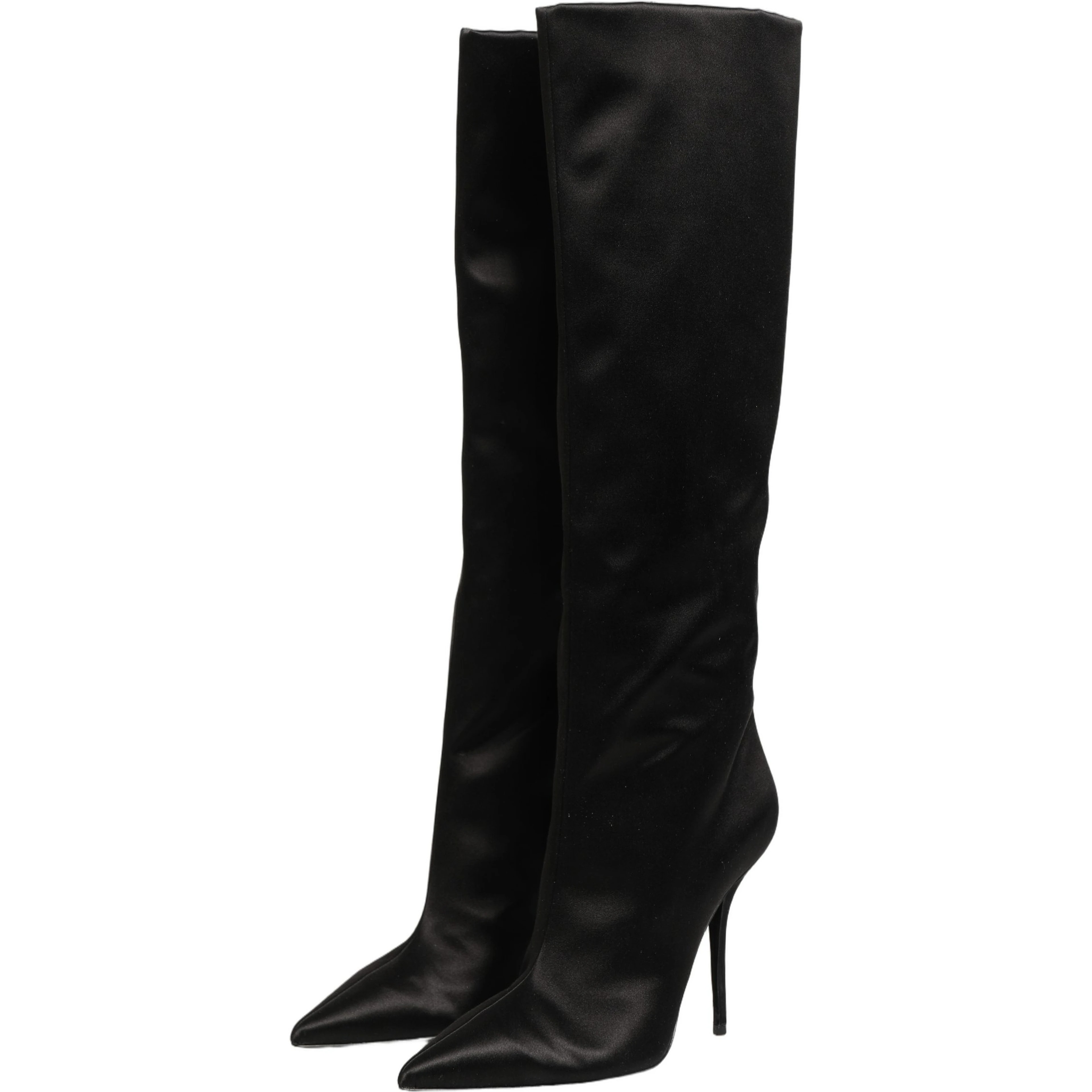 Black Satin Knee High Stiletto Boots Shoes