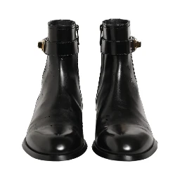 Black Leather Logo Buckle Mid Calf Boots Shoes