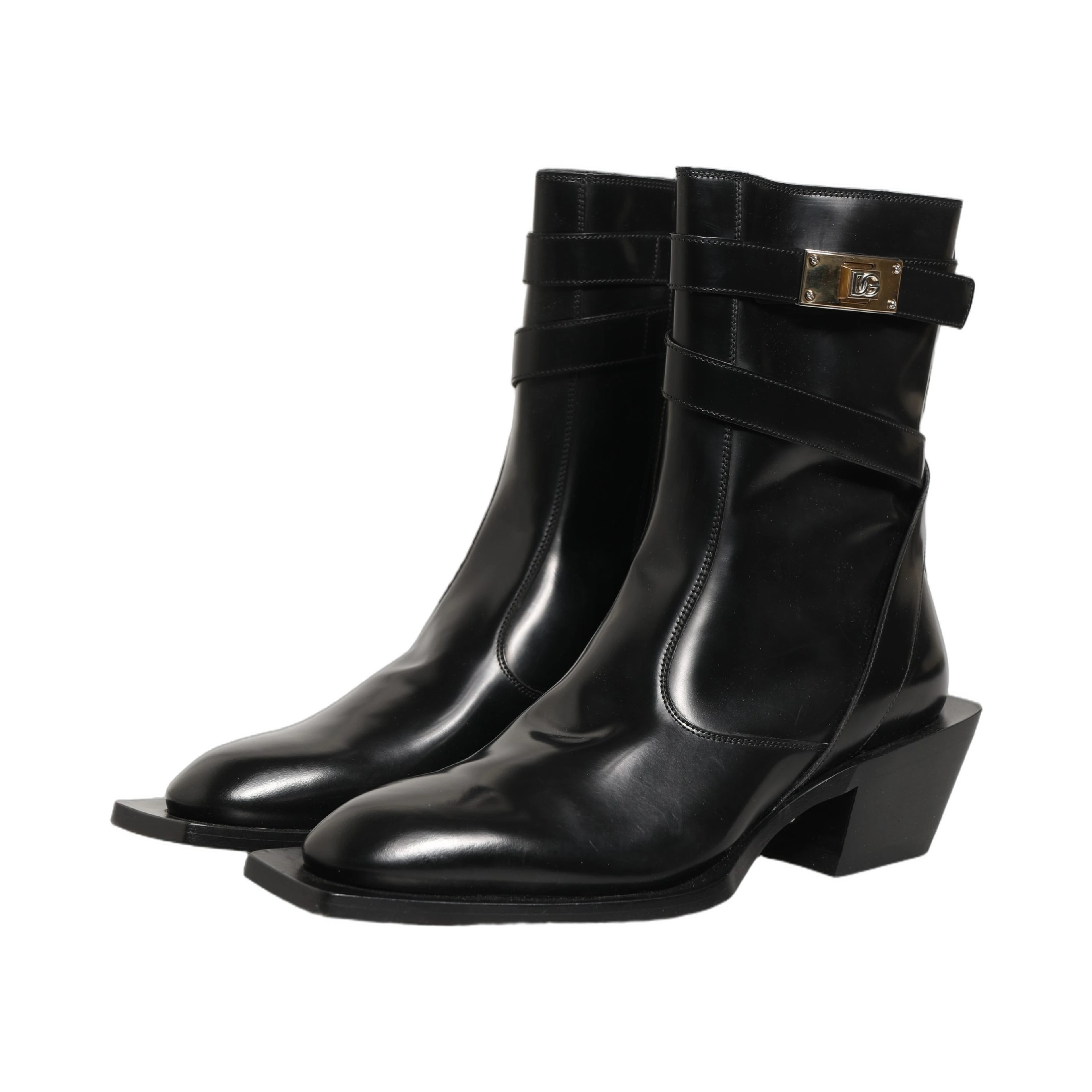 Black Leather DG Plaque Mid Calf Boots Shoes