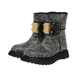Black Crystal Embellished Short Boots Shoes