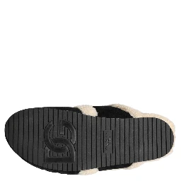 Beige Black Faux Fur Flats Men Sandals Shoes