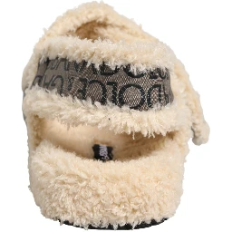 Beige Faux Fur Logo Print Flats Sandals Shoes