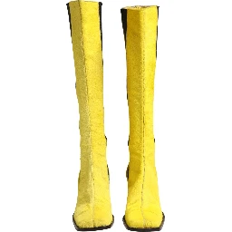 Yellow Black Leather Knee High Boots Shoes