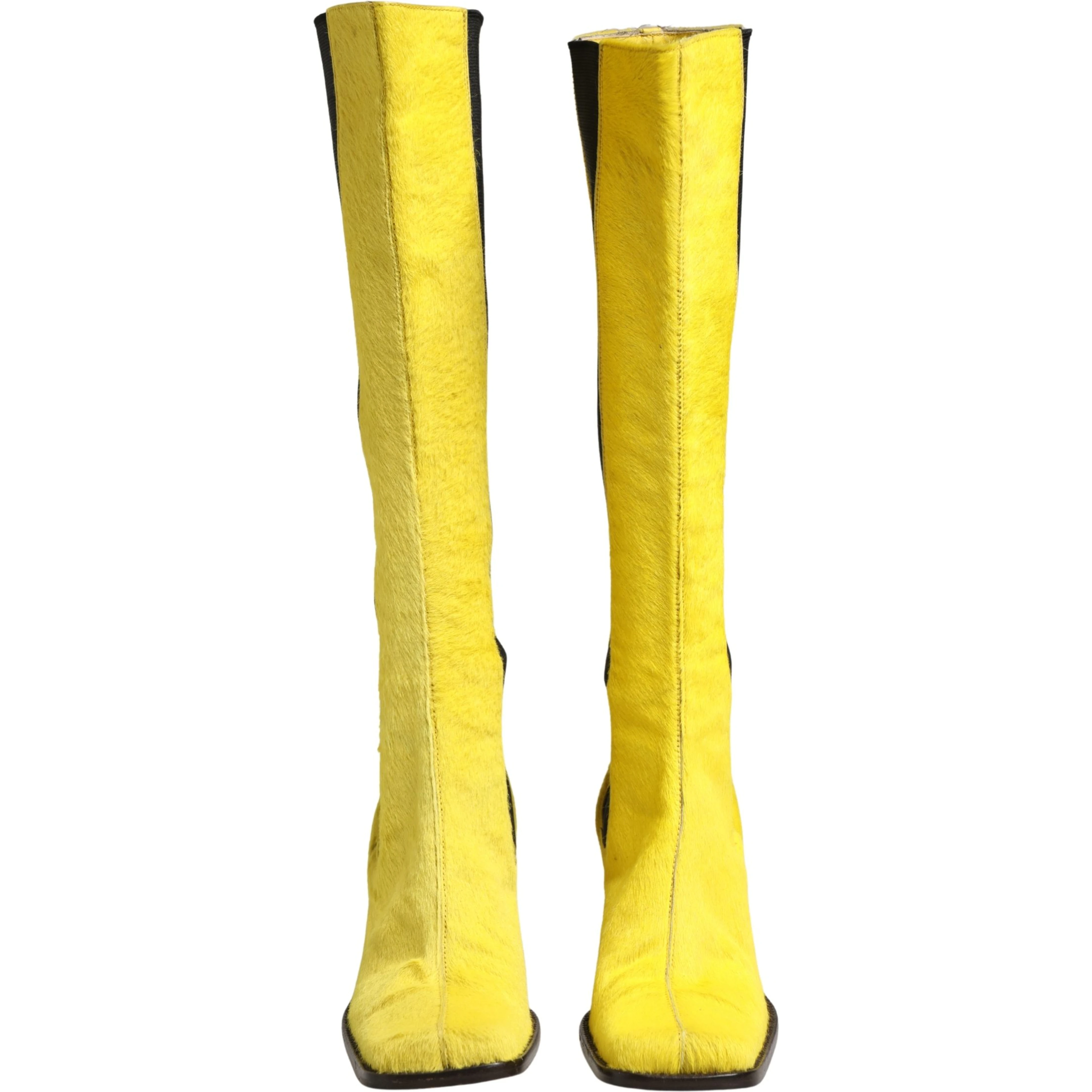 Yellow Black Leather Knee High Boots Shoes