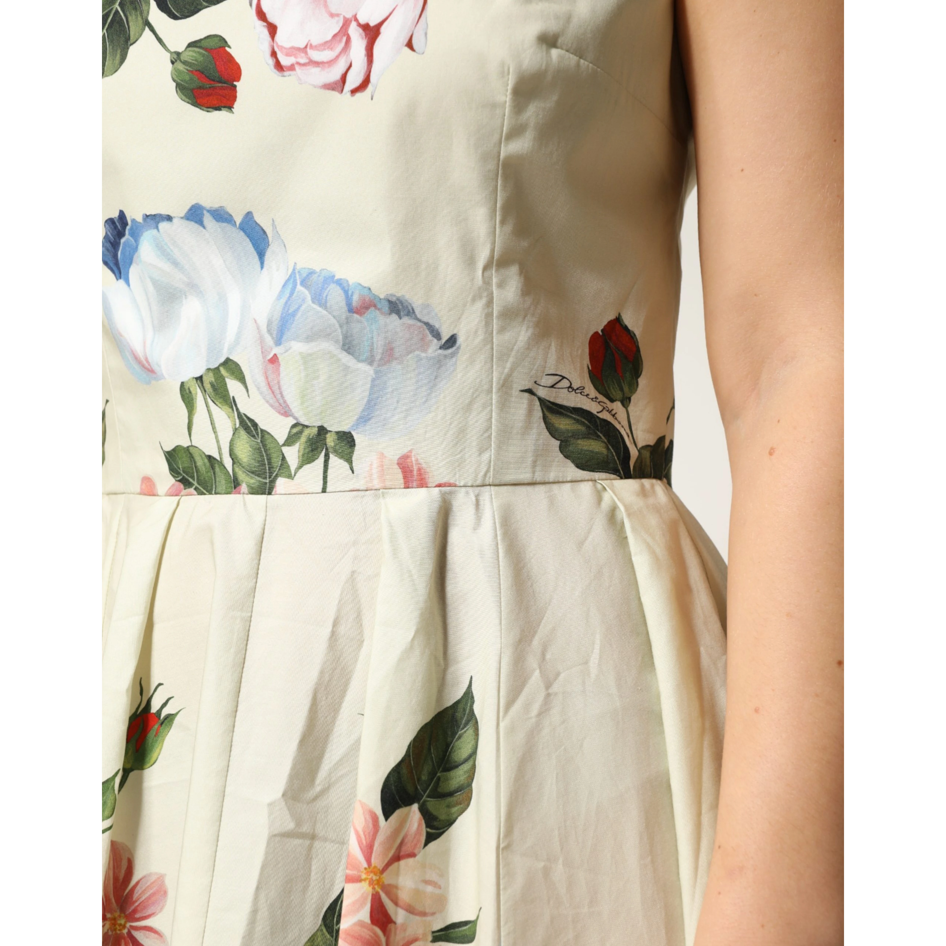 Beige Floral Sleeveless A-line Midi Dress