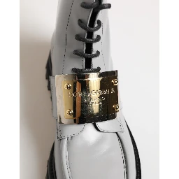 Gray Leather Logo Plaque Ankle Boots Shoes
