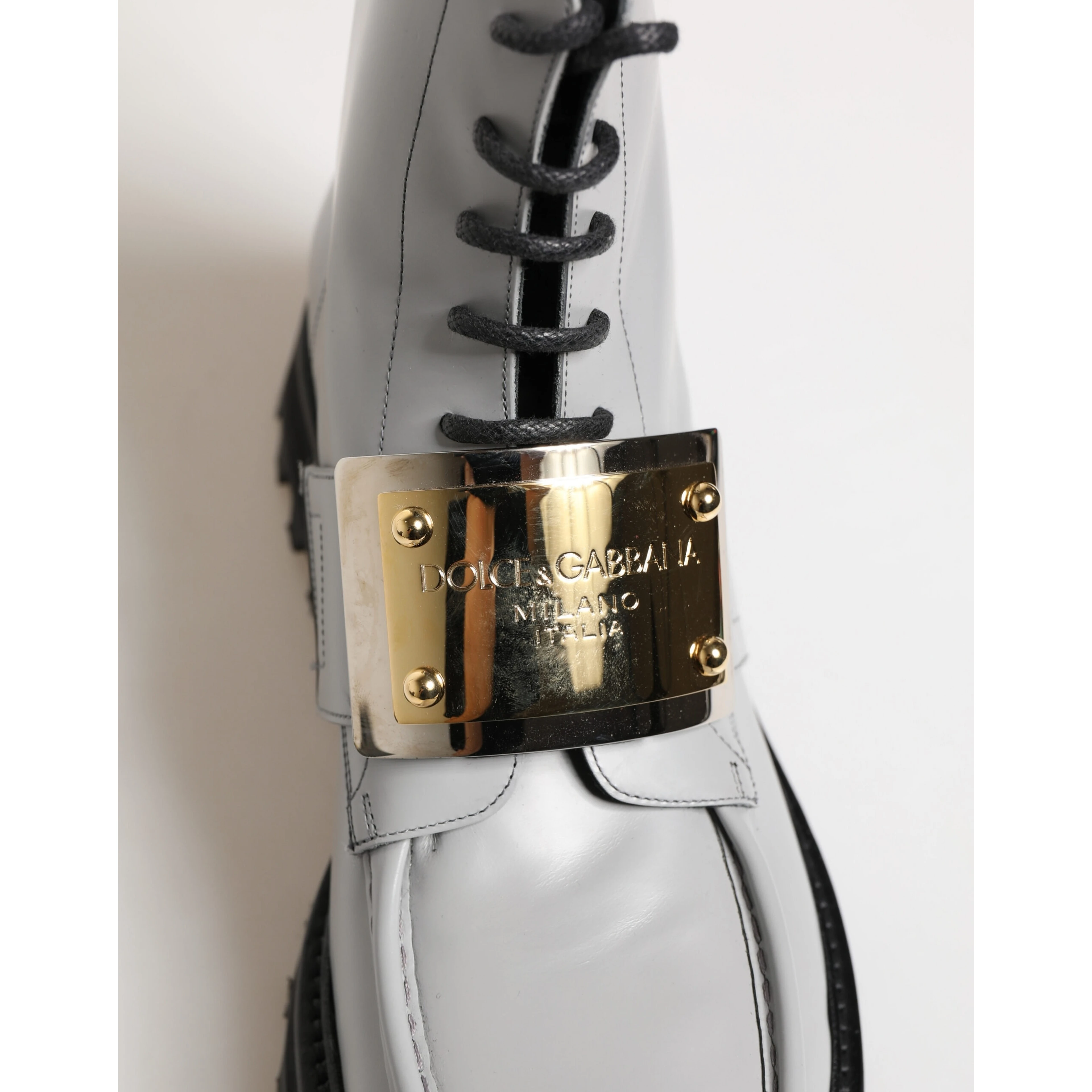 Gray Leather Logo Plaque Ankle Boots Shoes