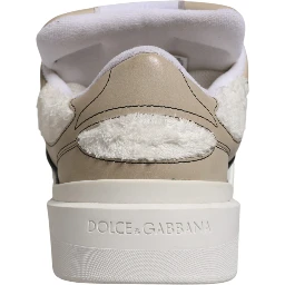 White Beige Faux Shearling Low Top Sneakers Shoes