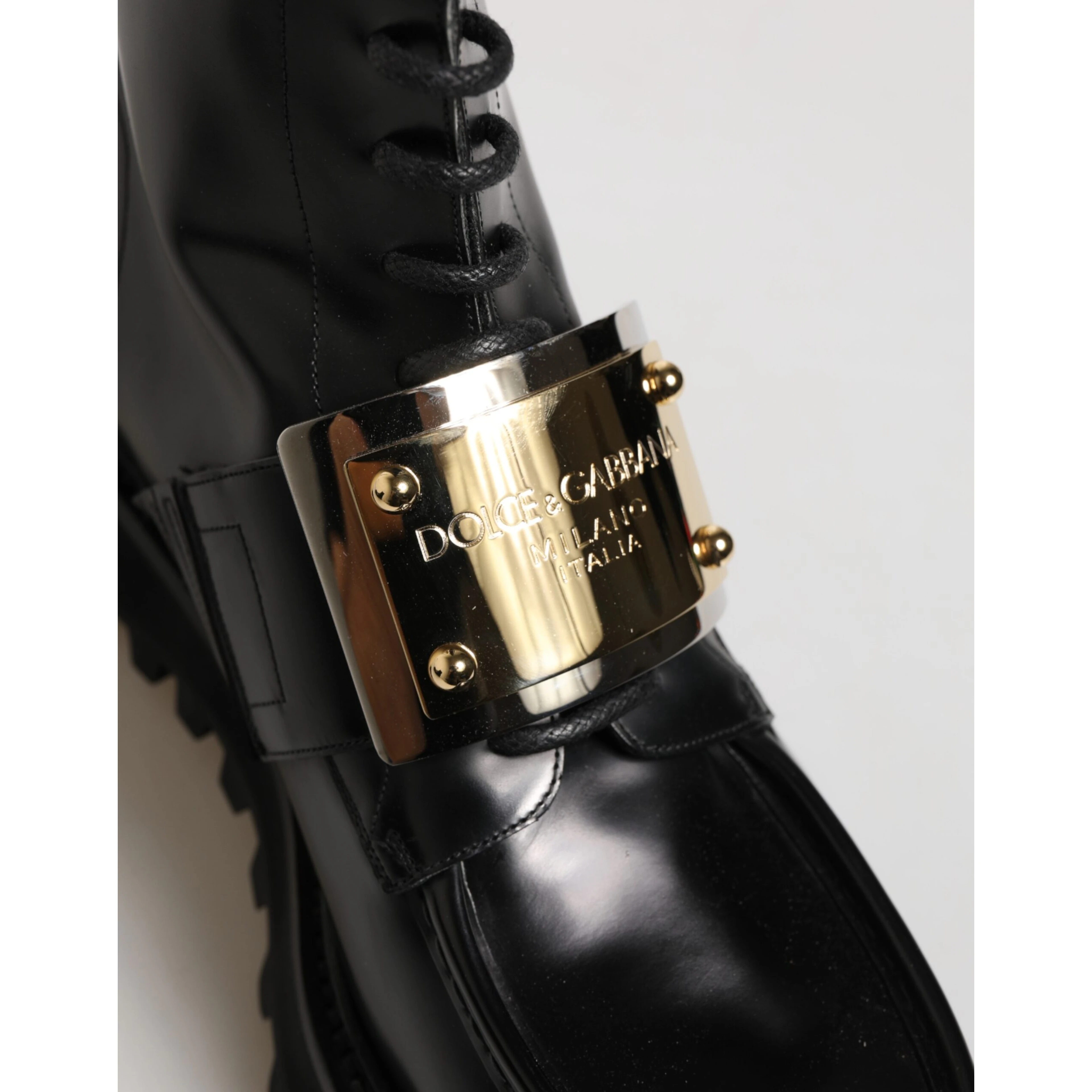 Black Leather DG Plaque Lace Up Boots Shoes