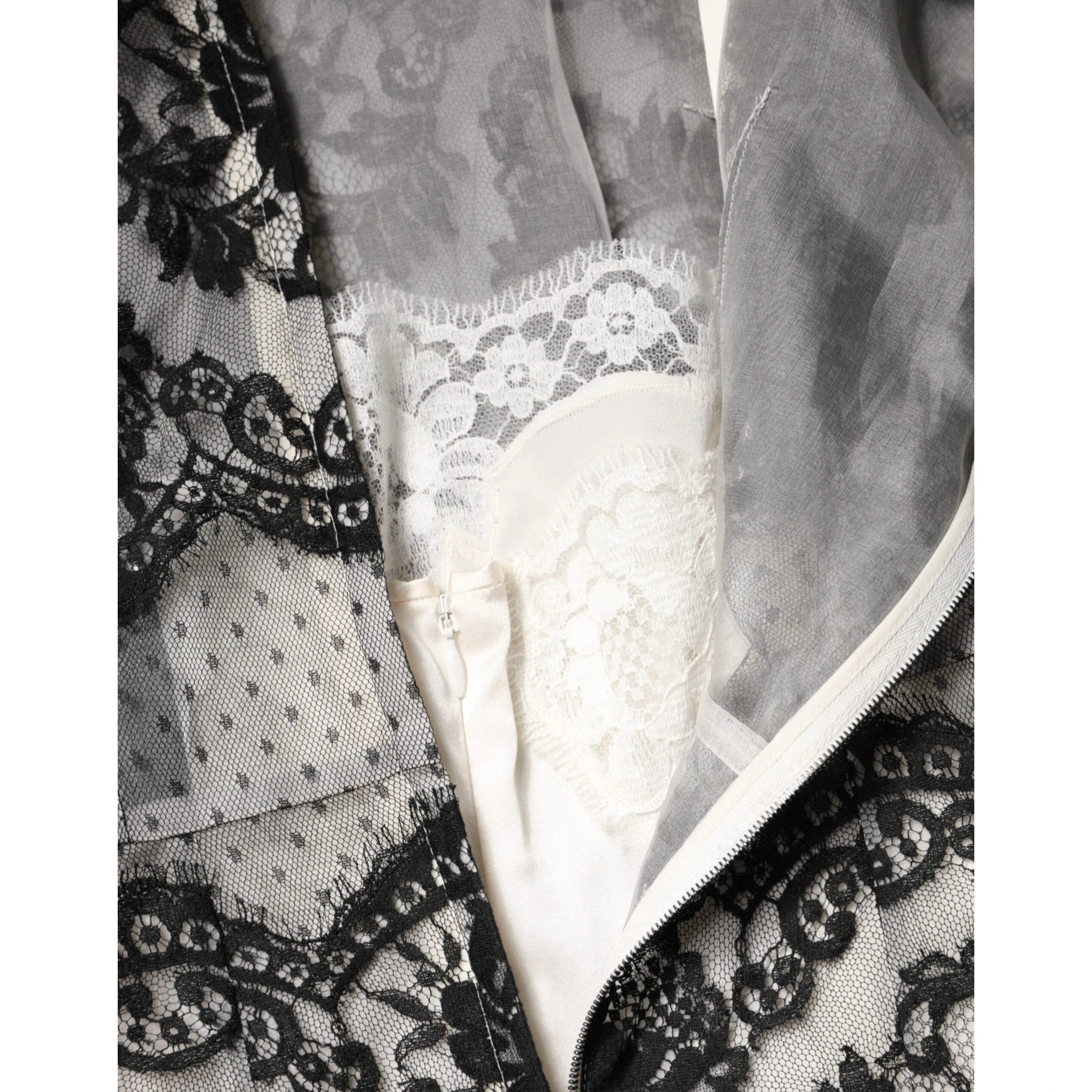 Black White Lace Silk Blend MaxiSheath Dress