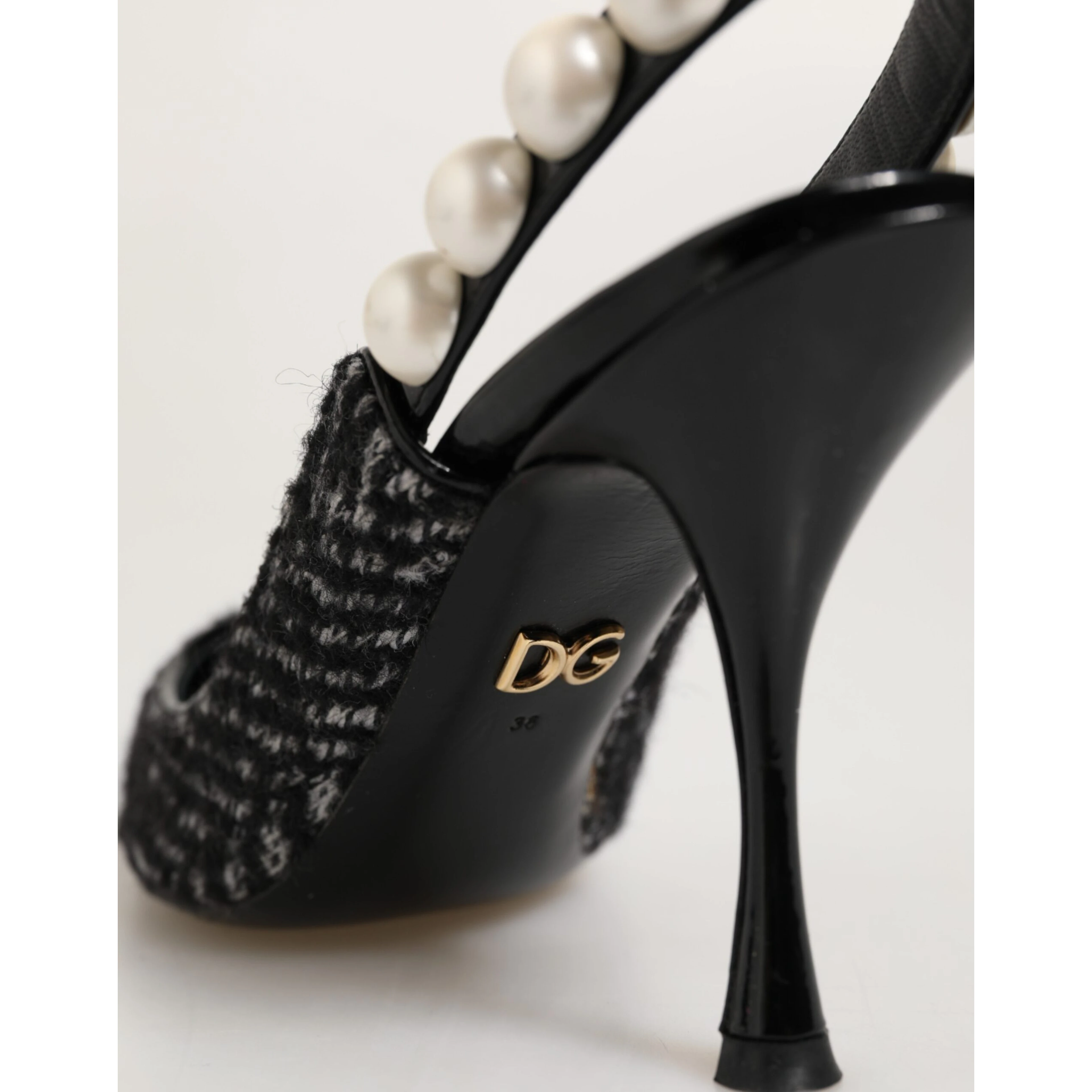 White Black Chevron Faux Pearl Slingbacks Shoes