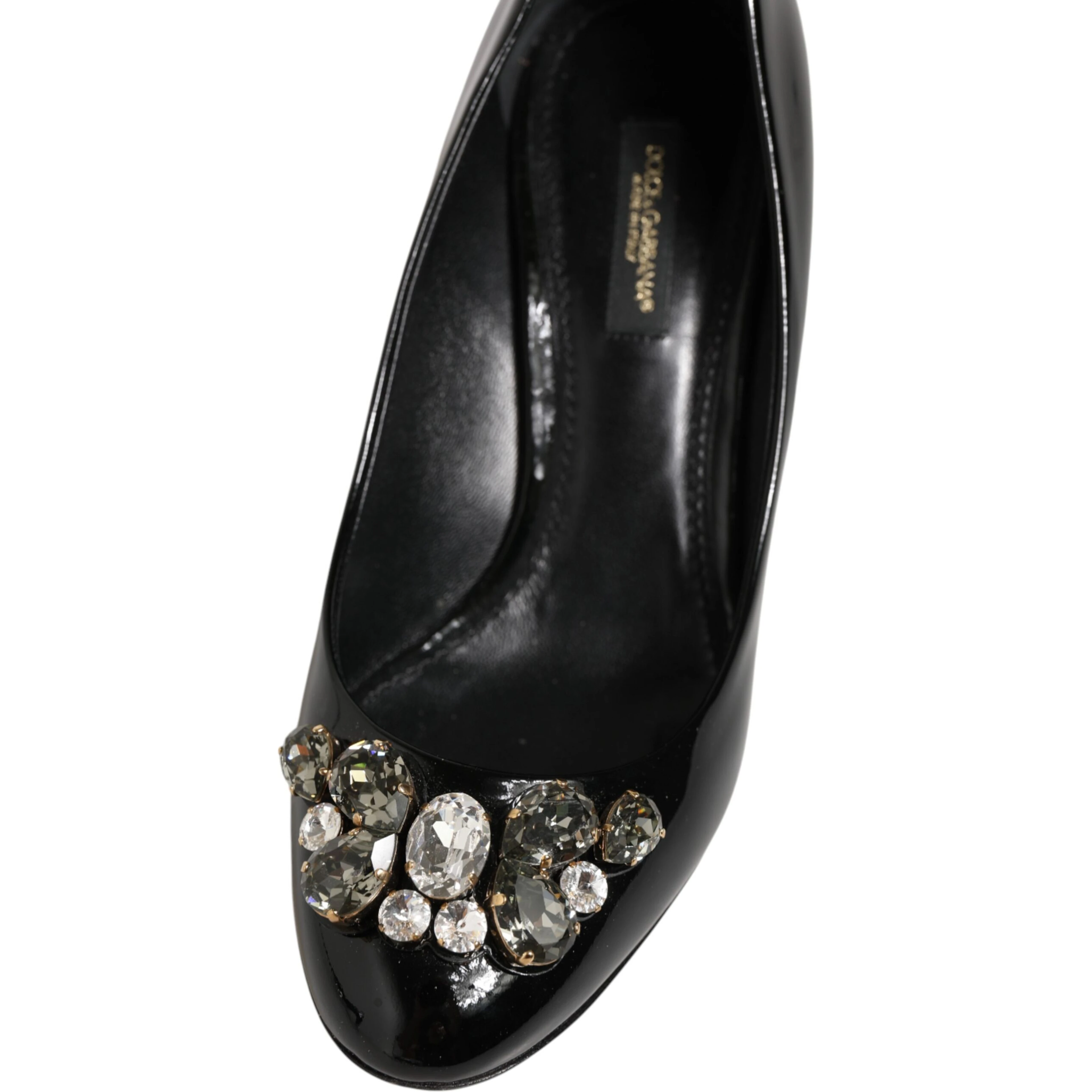 Black Leather Crystals Heels Pumps Shoes