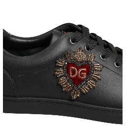 Black Leather Heart Embellished Sneakers Shoes