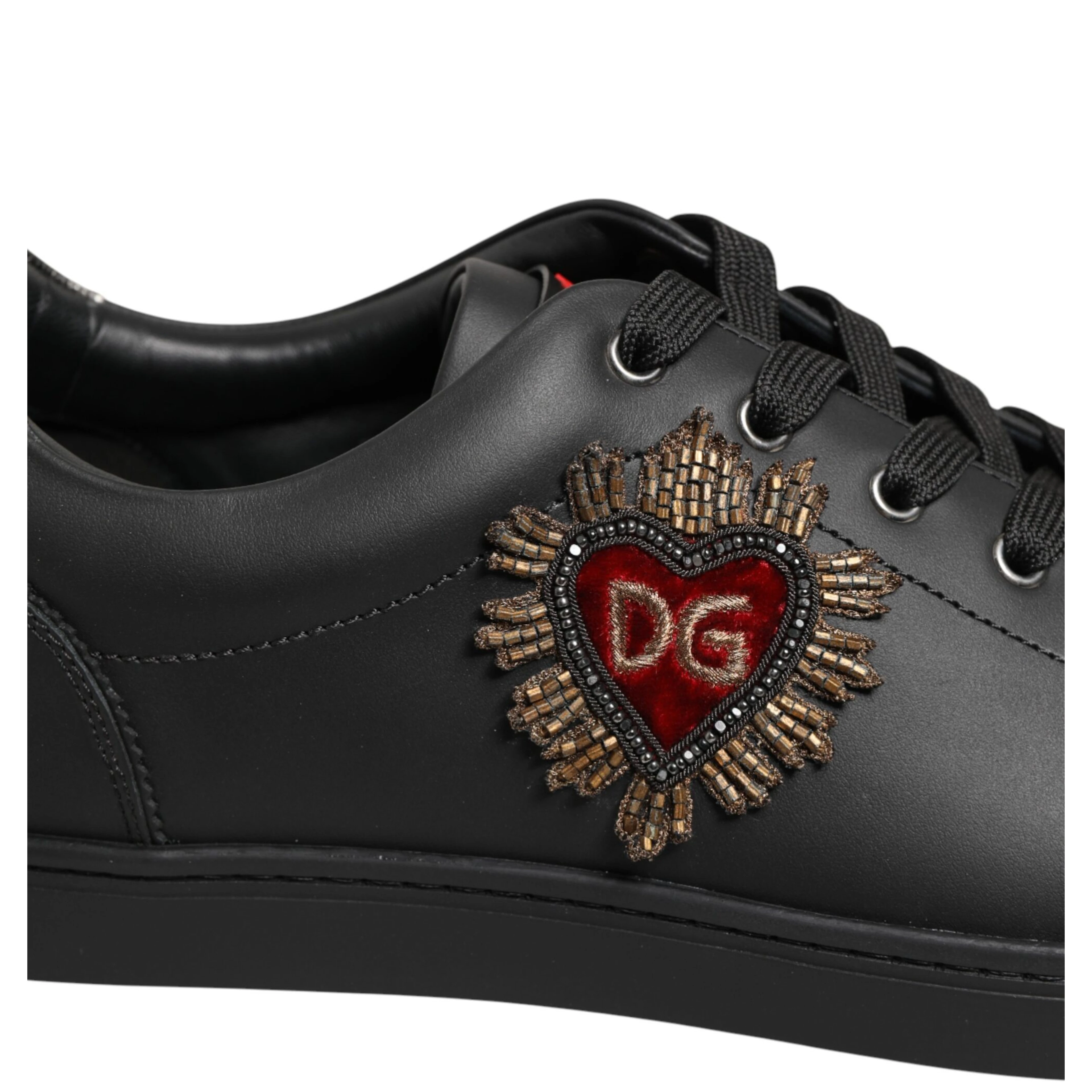 Black Leather Heart Embellished Sneakers Shoes