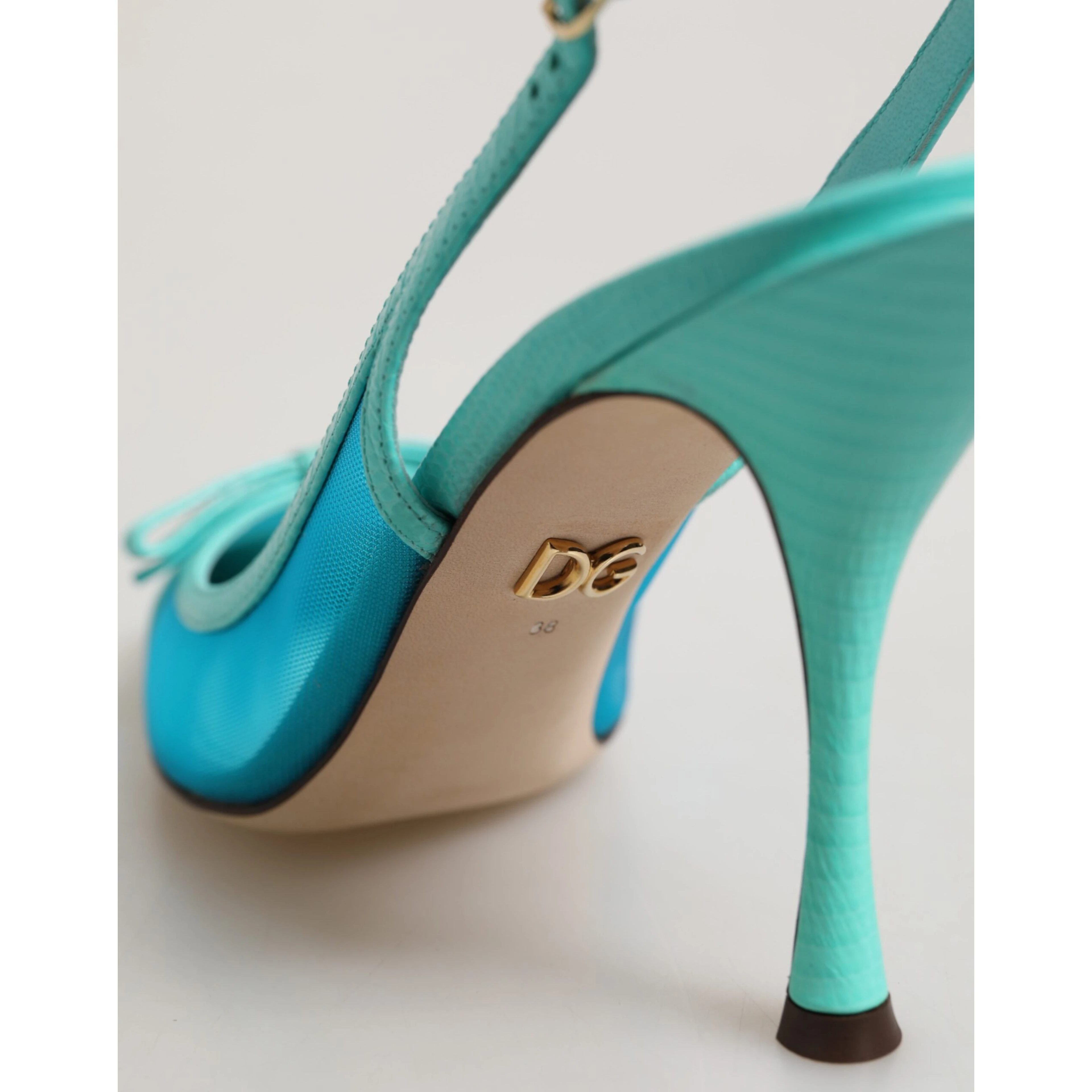Blue Leather Mesh Heels Slingback Shoes