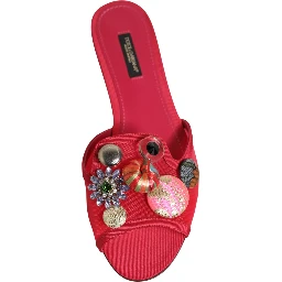Red Embellished Flats Slip On Sandals Shoes
