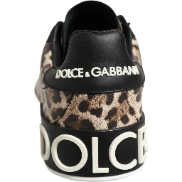 Brown Leather Leopard Low Top Sneakers Shoes