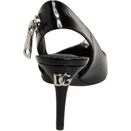 Black Zipper Leather Heels Slingbacks Shoes