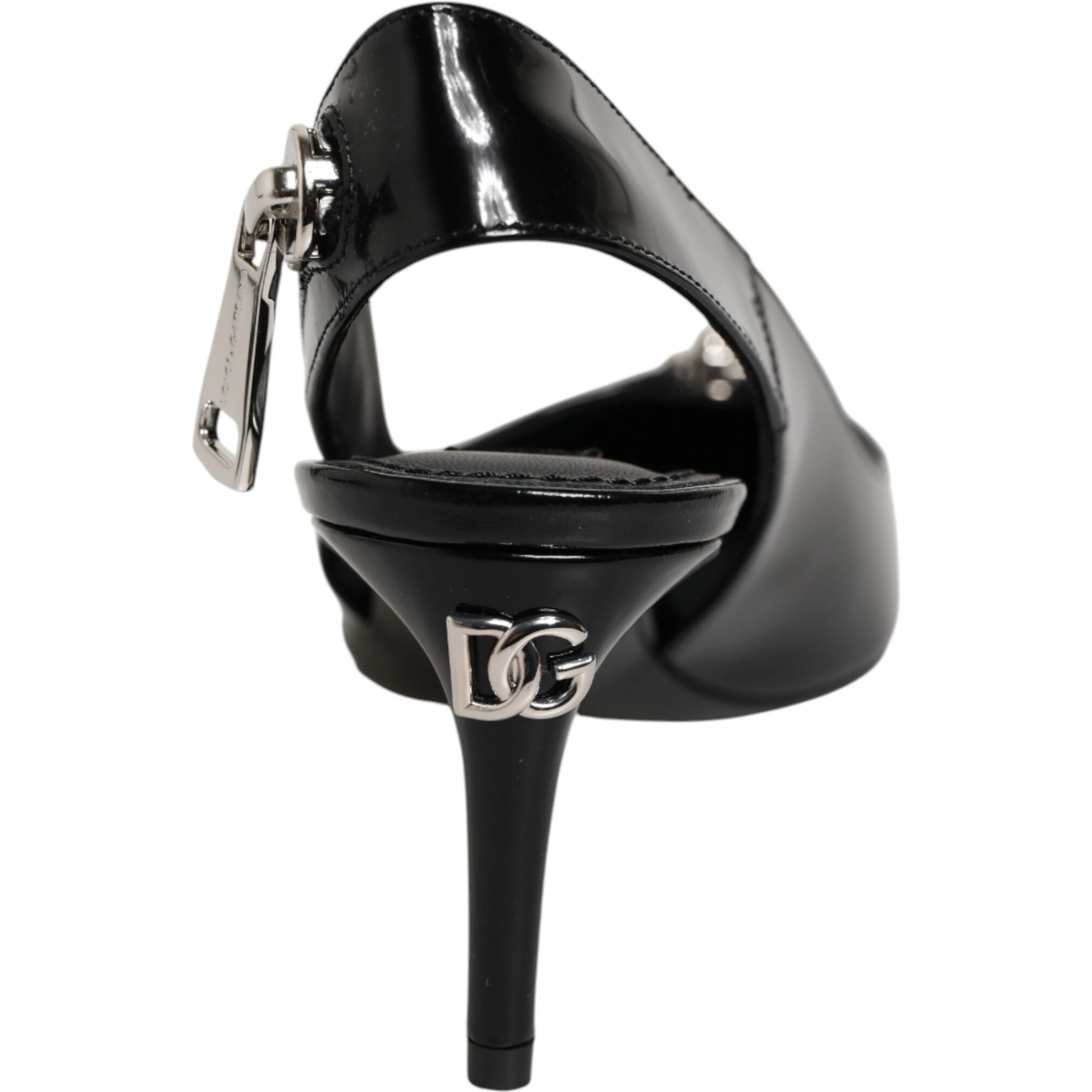Black Zipper Leather Heels Slingbacks Shoes