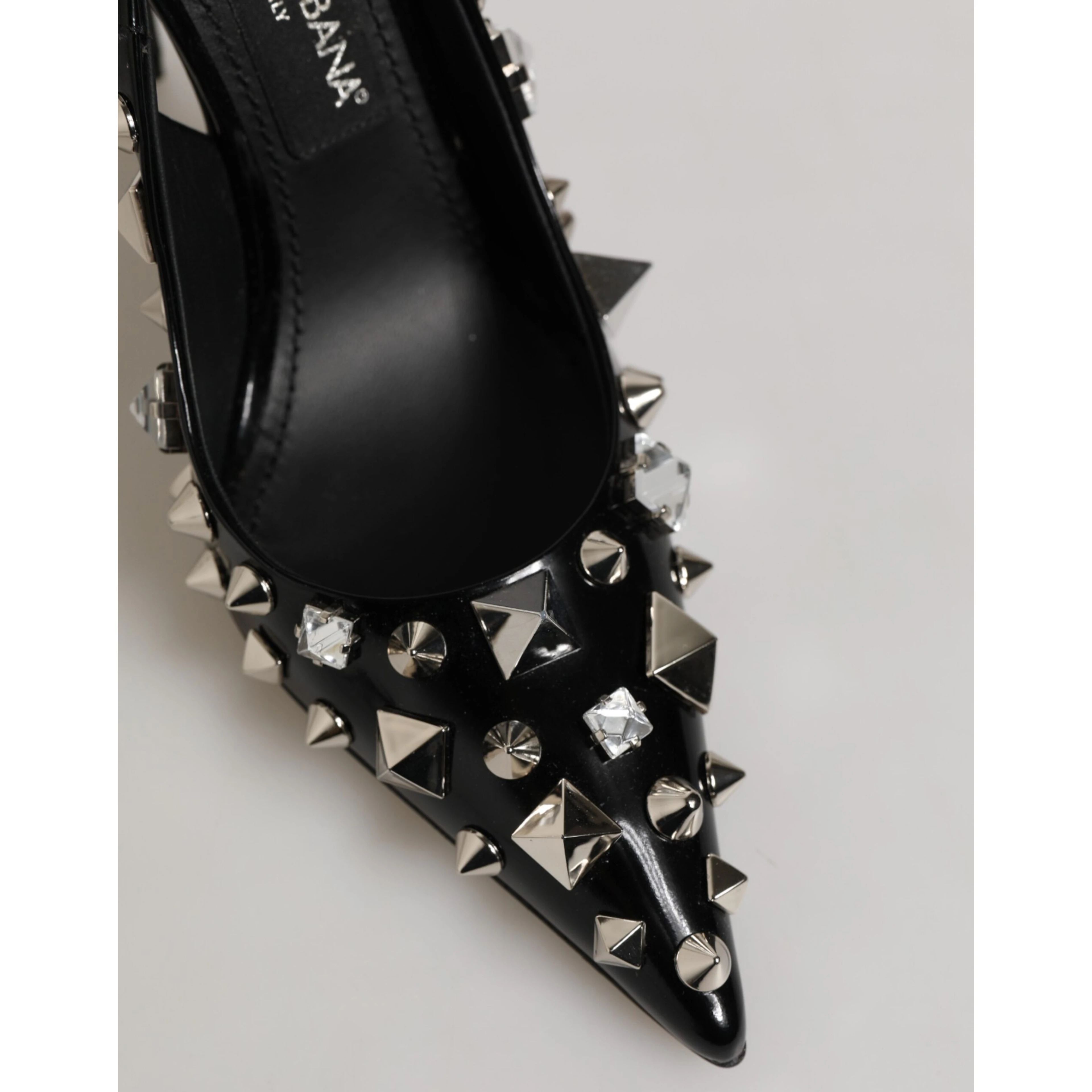 Black Studded Leather Heels Slingbacks Shoes