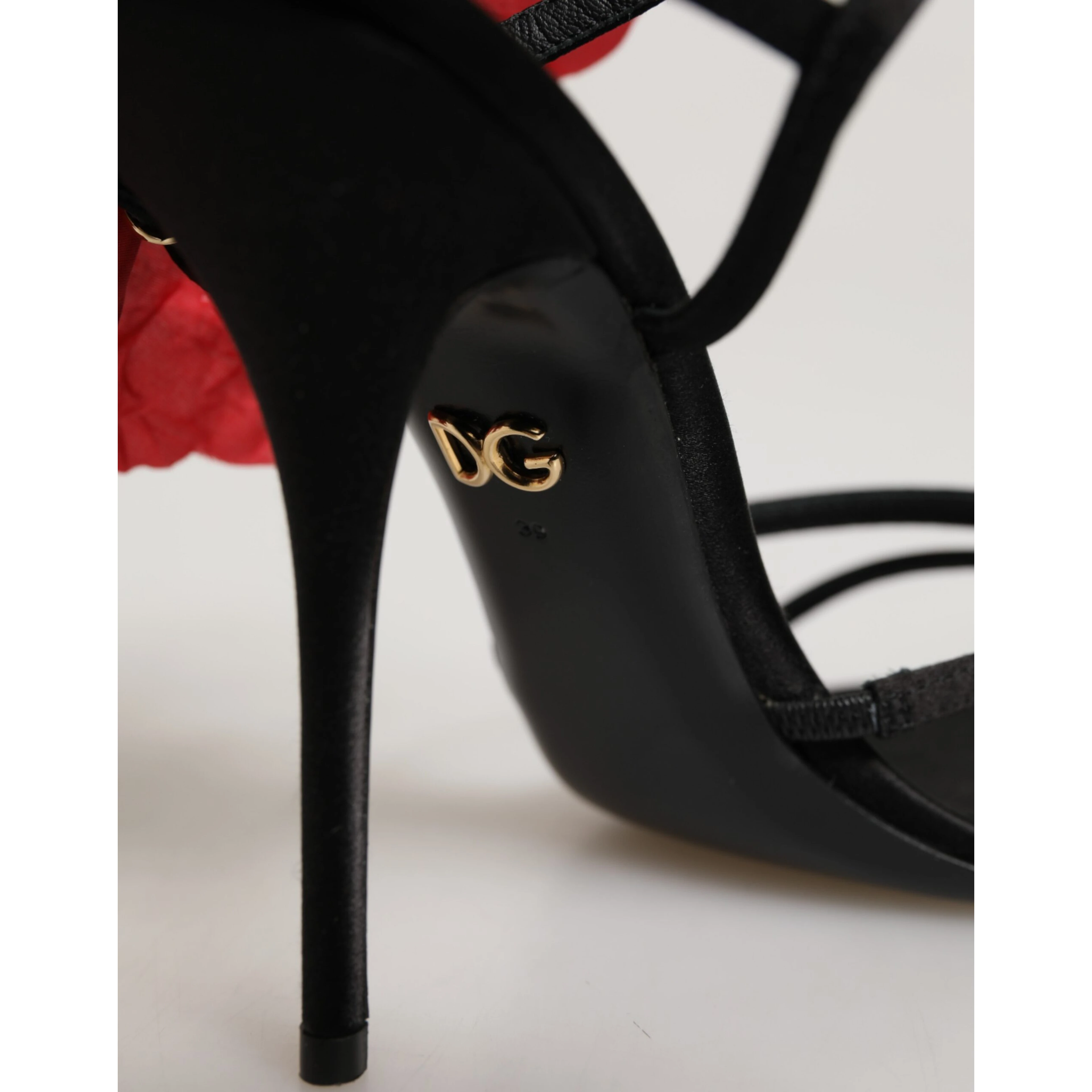 Black Leather Strappy Flower Heels Sandals  Shoes