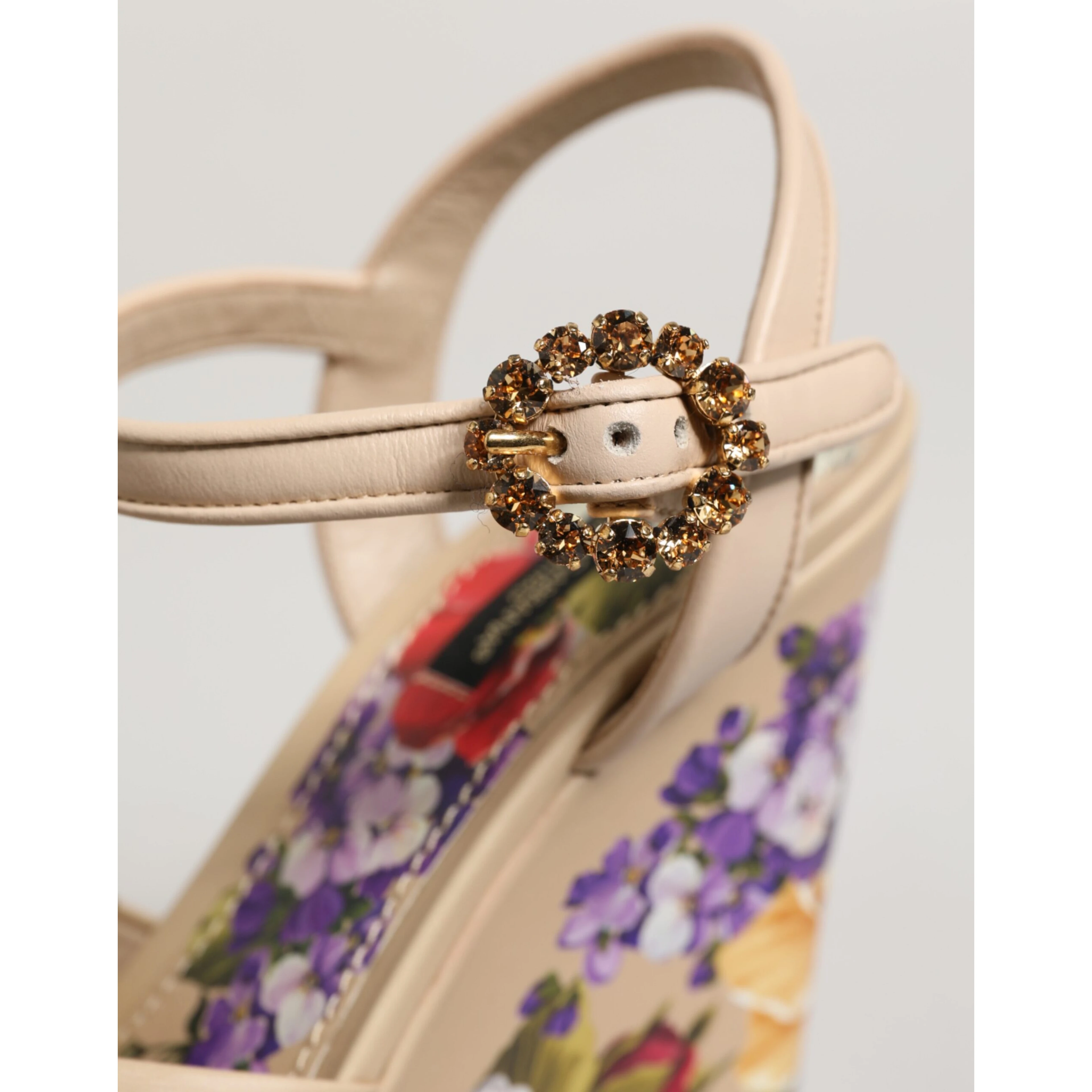 Beige Floral Ankle Strap Wedge Sandals Shoes
