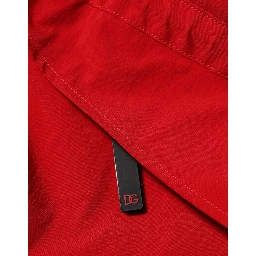 Red Nylon Hooded Men Full Zip Parka Jacket