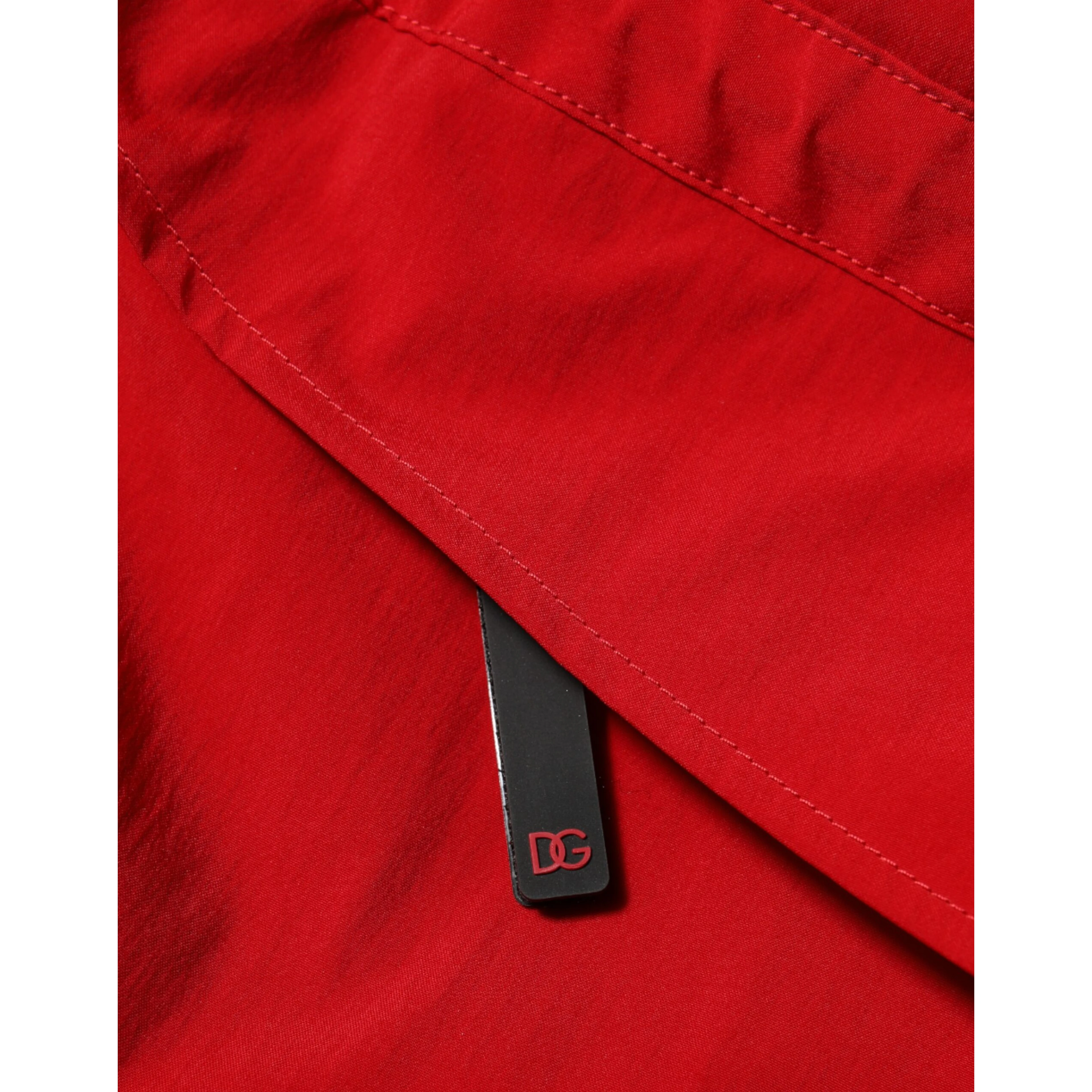 Red Nylon Hooded Men Full Zip Parka Jacket