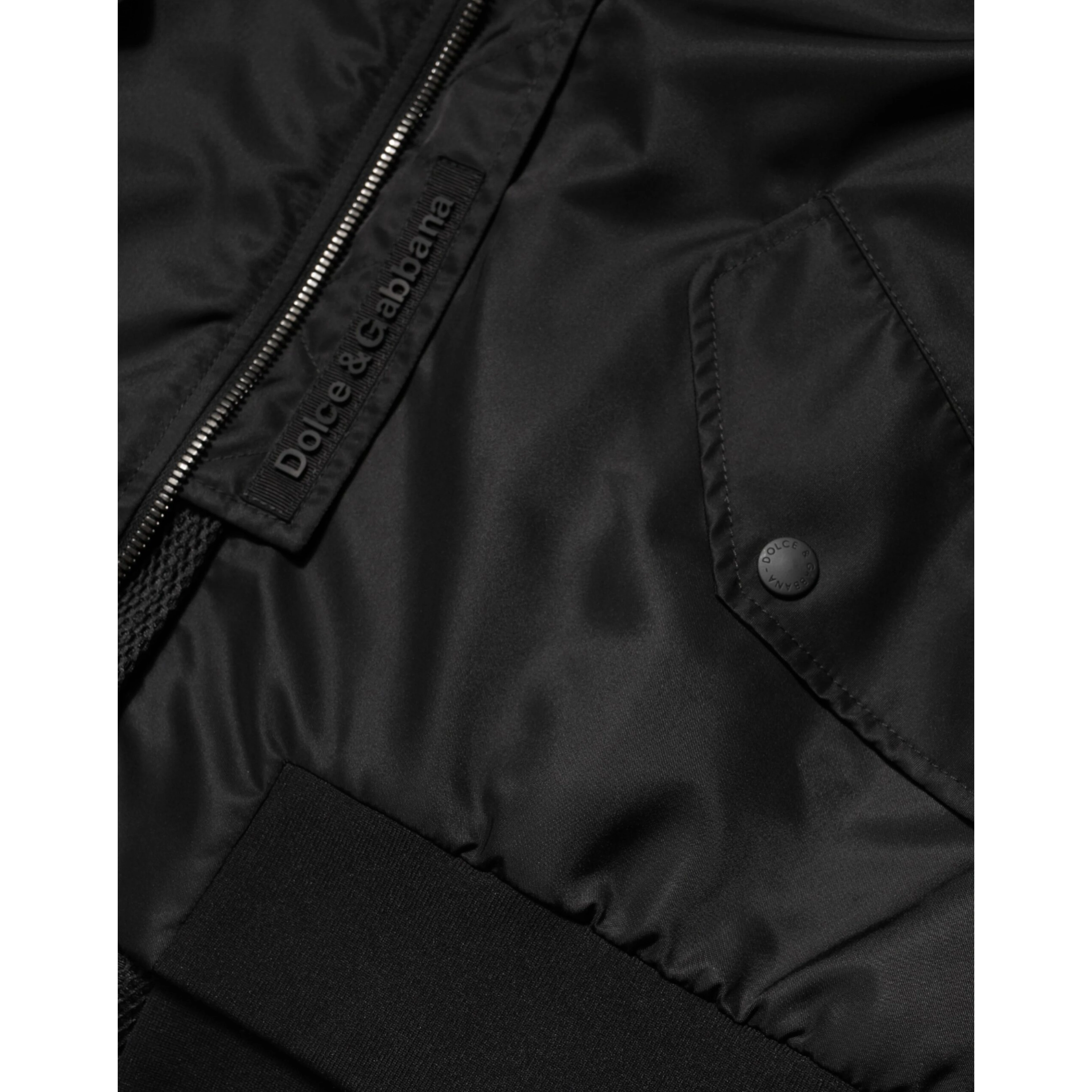 Black Nylon Hooded Full Zip Bomber Men Jacket