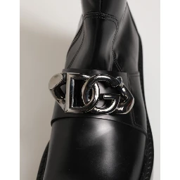Black Logo Plaque Mid Calf Biker Boots Shoes
