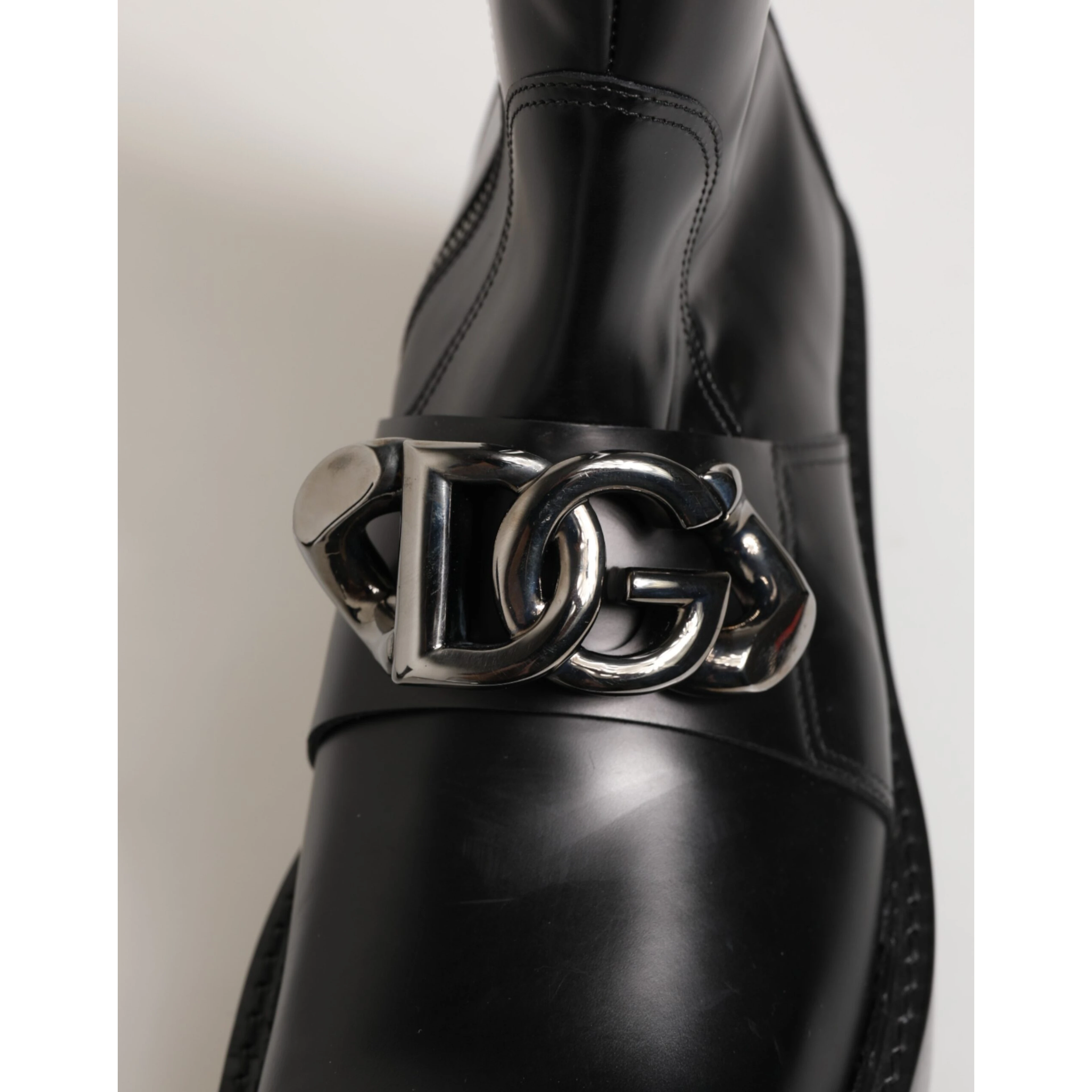 Black Logo Plaque Mid Calf Biker Boots Shoes