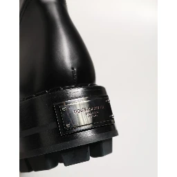 Black Logo Plaque Mid Calf Biker Boots Shoes