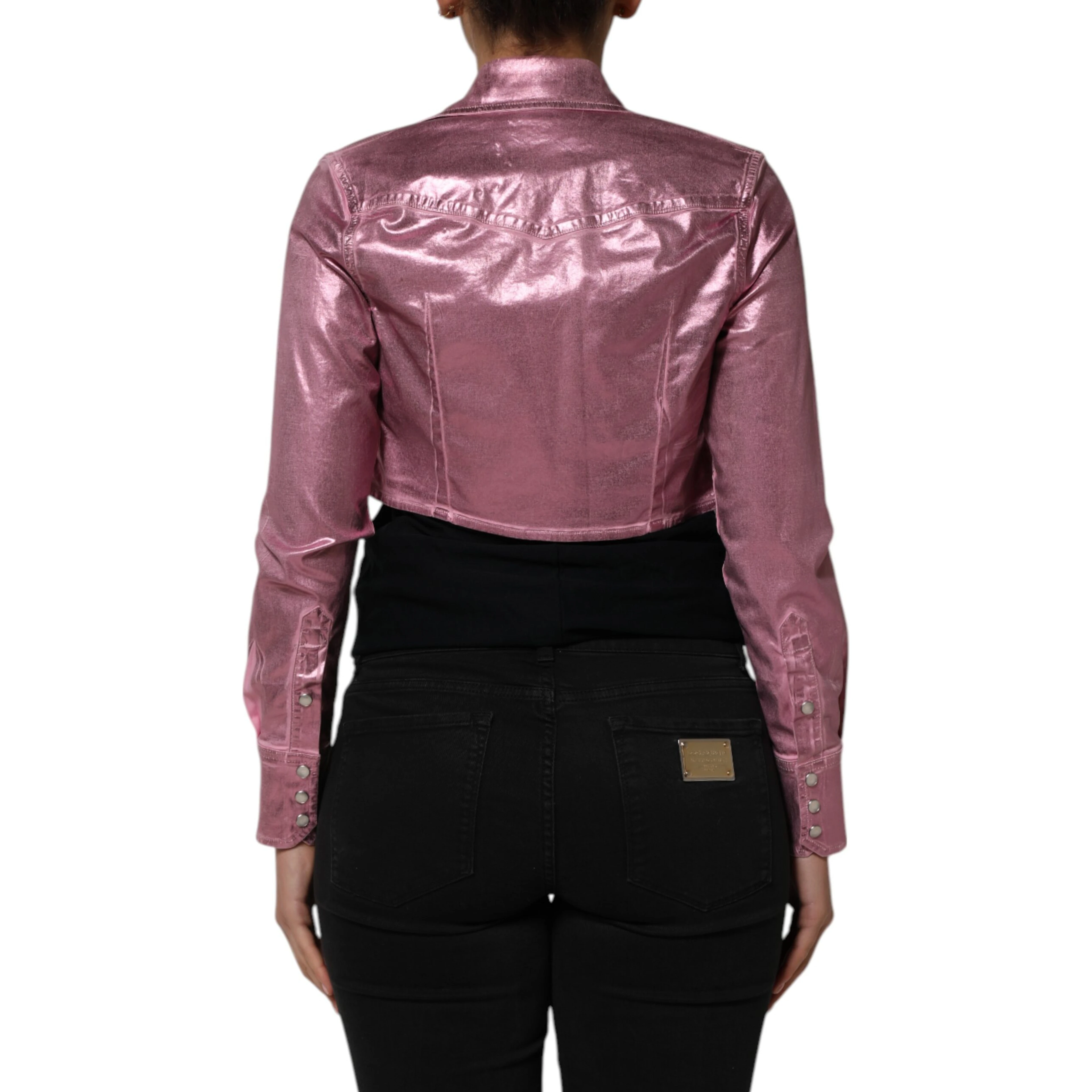 Pink Cotton Stretch Collared Cropped Jacket