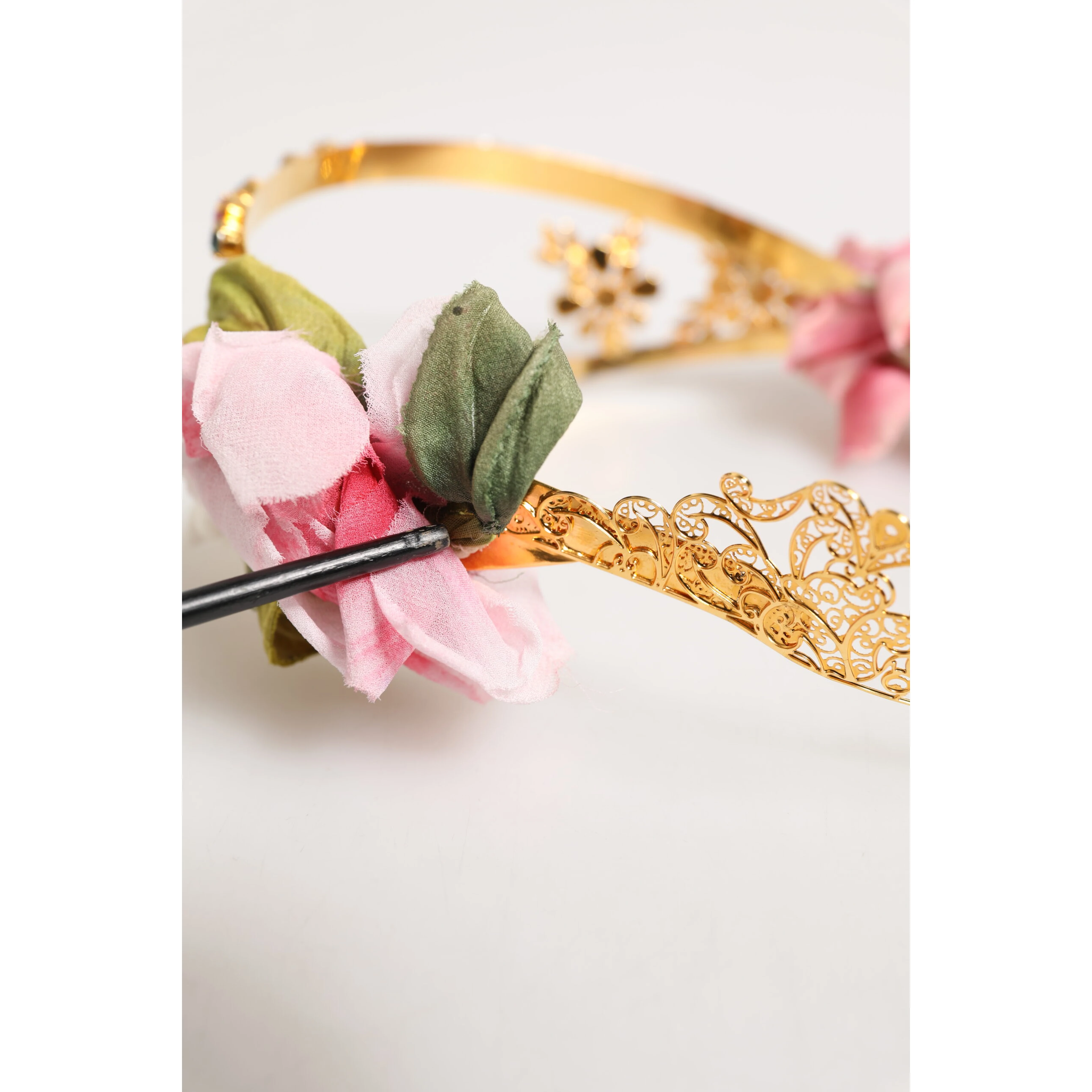 Gold Floral Tiara Pink Roses Crystal Crown Headband