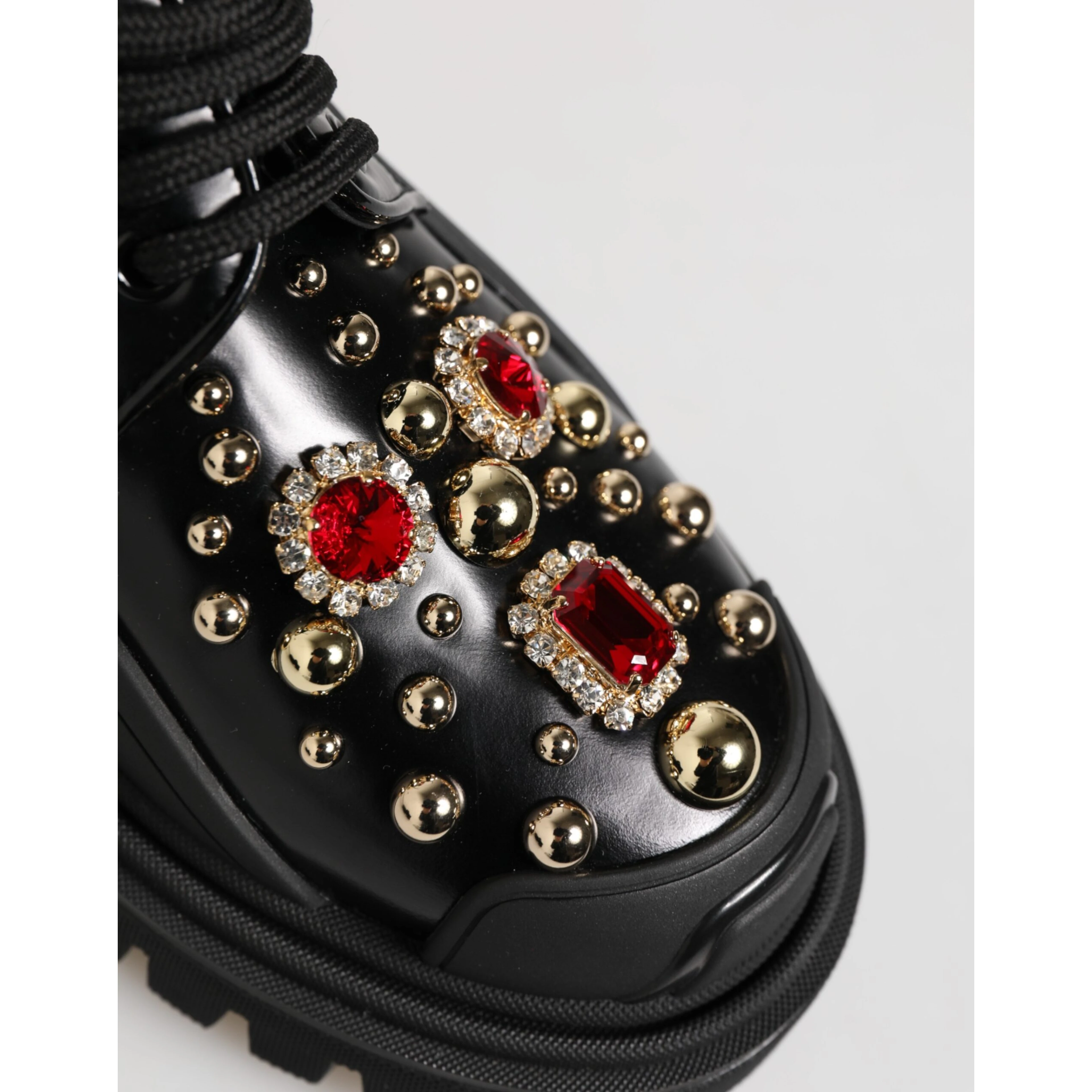 Black Leather Jeweled Crystals Derby Shoes