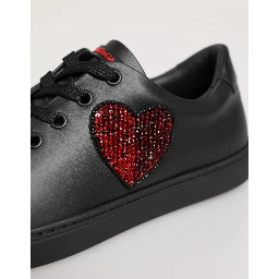 Black Leather Crystal Heart Low Top Sneakers  Shoes