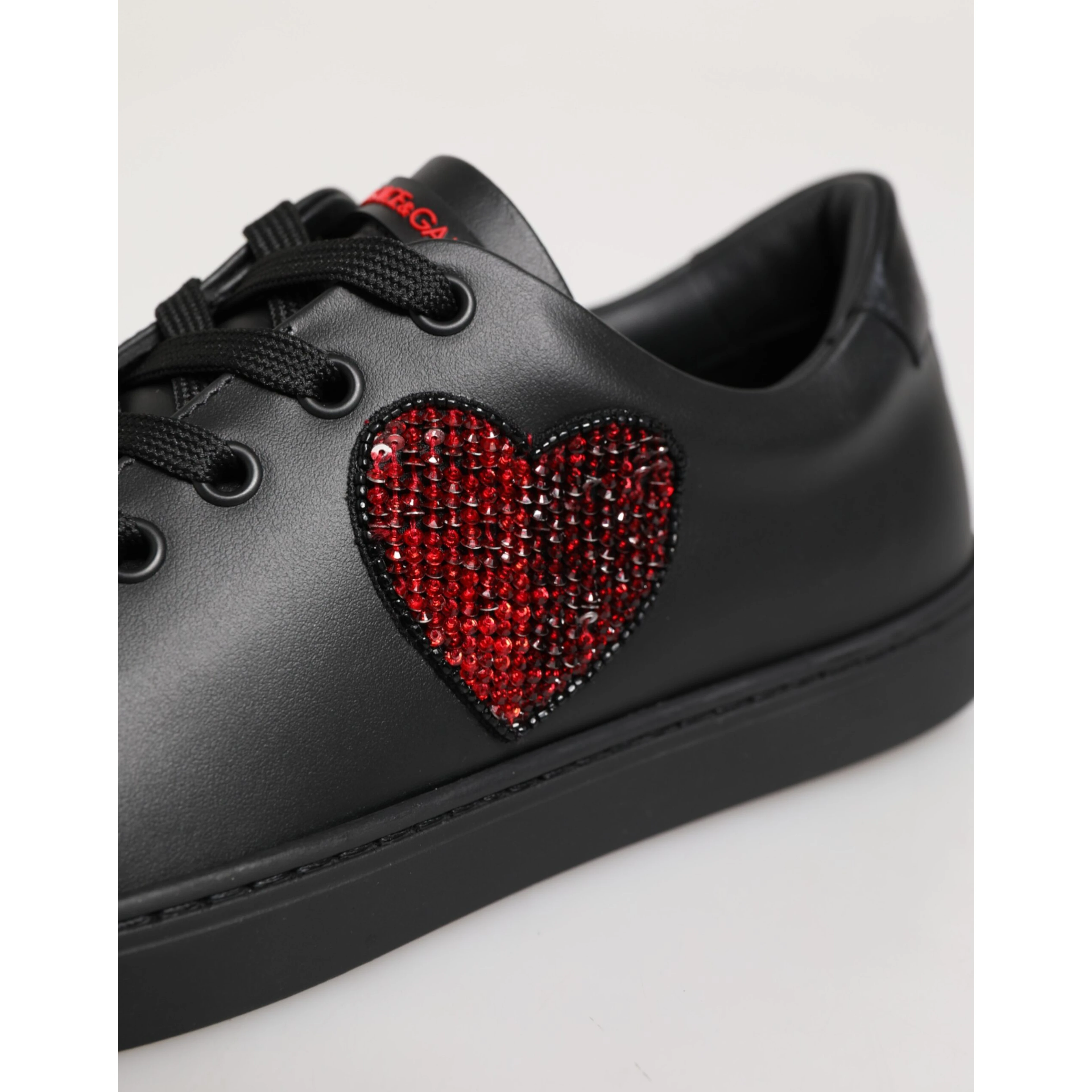 Black Leather Crystal Heart Low Top Sneakers Shoes