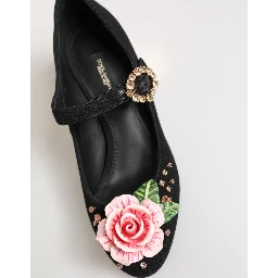 Black Flower Crystal Embellished Mary Jane Shoes