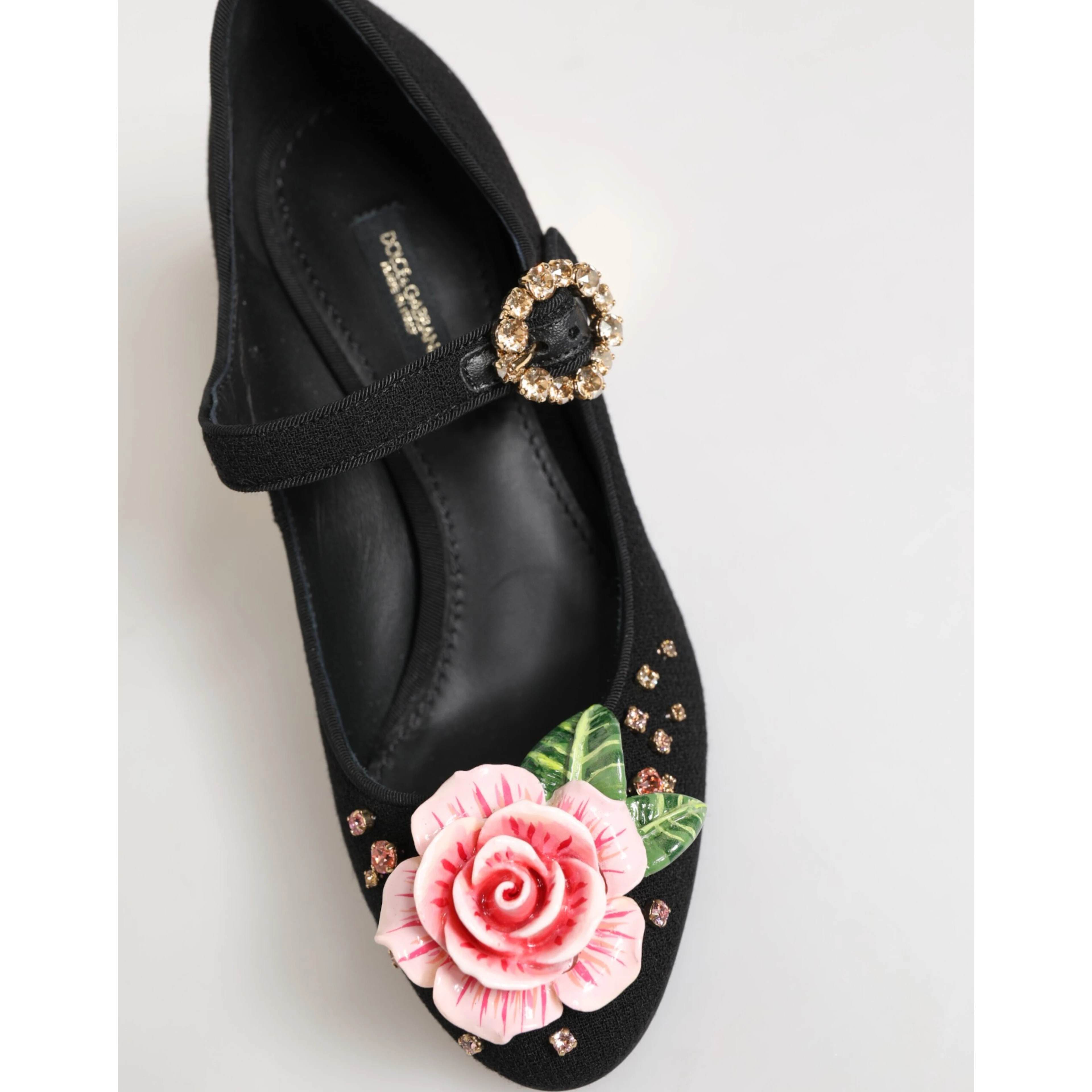 Black Flower Crystal Embellished Mary Jane Shoes