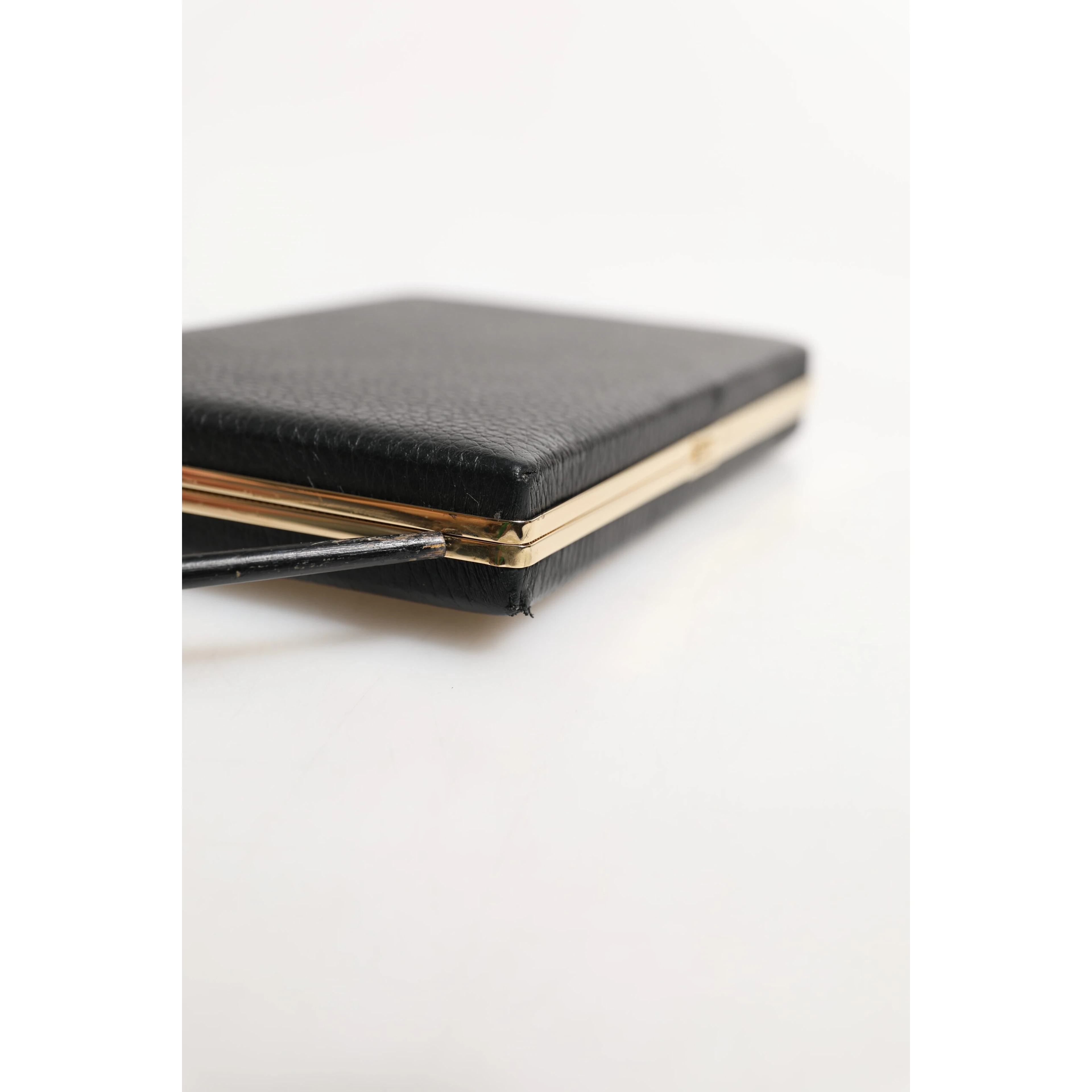 Black Leather Gold Frame Clutch Evening Party Purse Bag