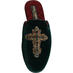 Green Velvet Cross Embellished Slippers Shoes