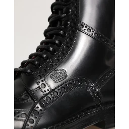 Black Leather Lace Up Mid Calf Boots Shoes