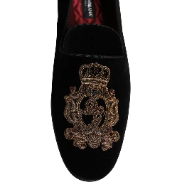 Black Velvet Gold Crown Mens Loafers Shoes