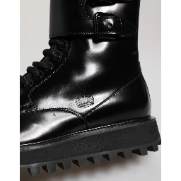 Black Leather Lace Up Mid Calf Boots Shoes