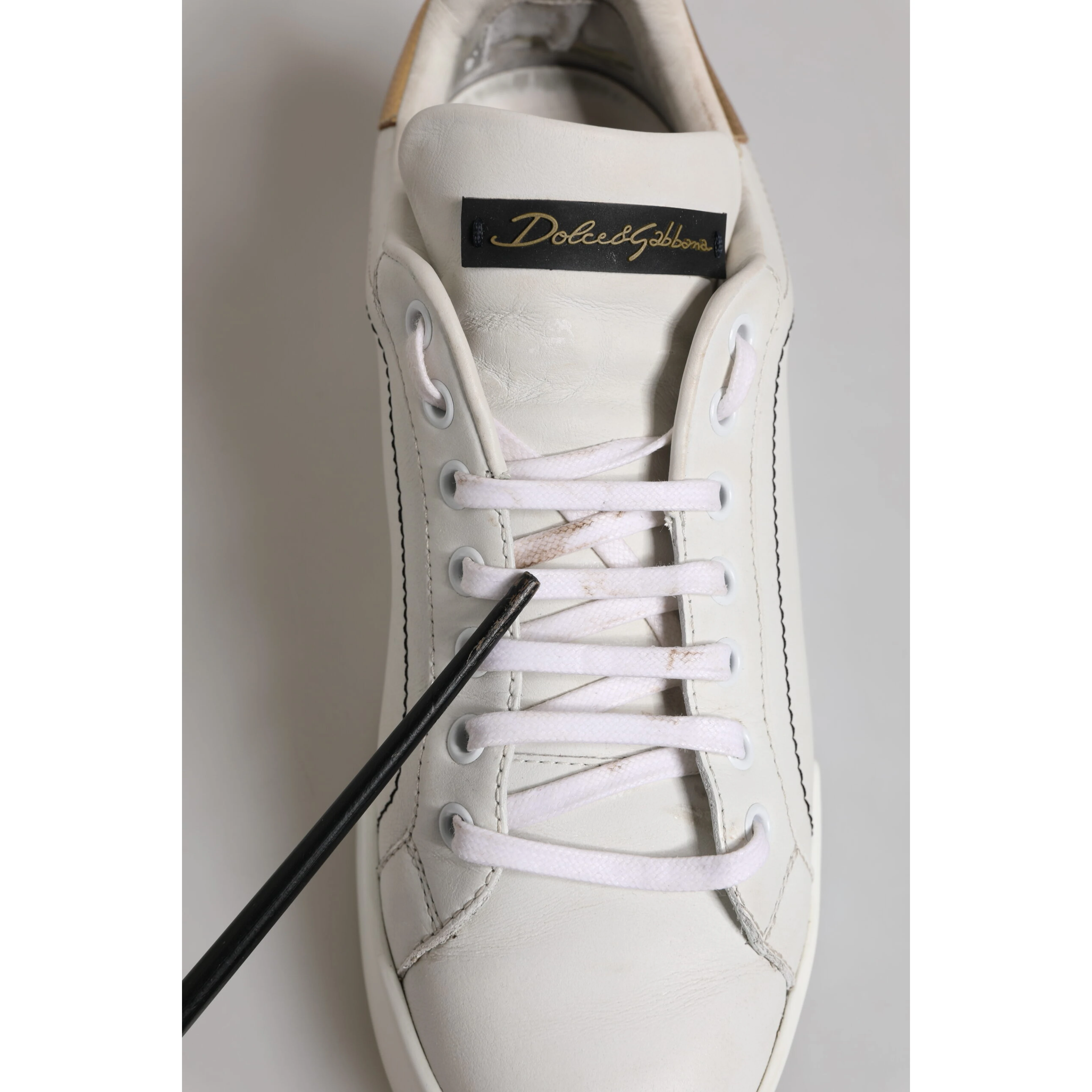 White Gold Leather Low Top Sneakers Shoes