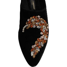 Black Velvet Embellished Loafer Slip On Shoes