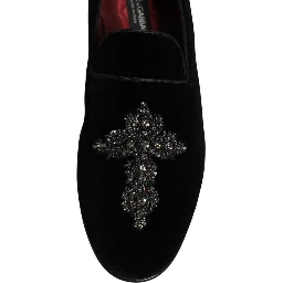 Black Velvet Embellished Loafer Slip On Shoes
