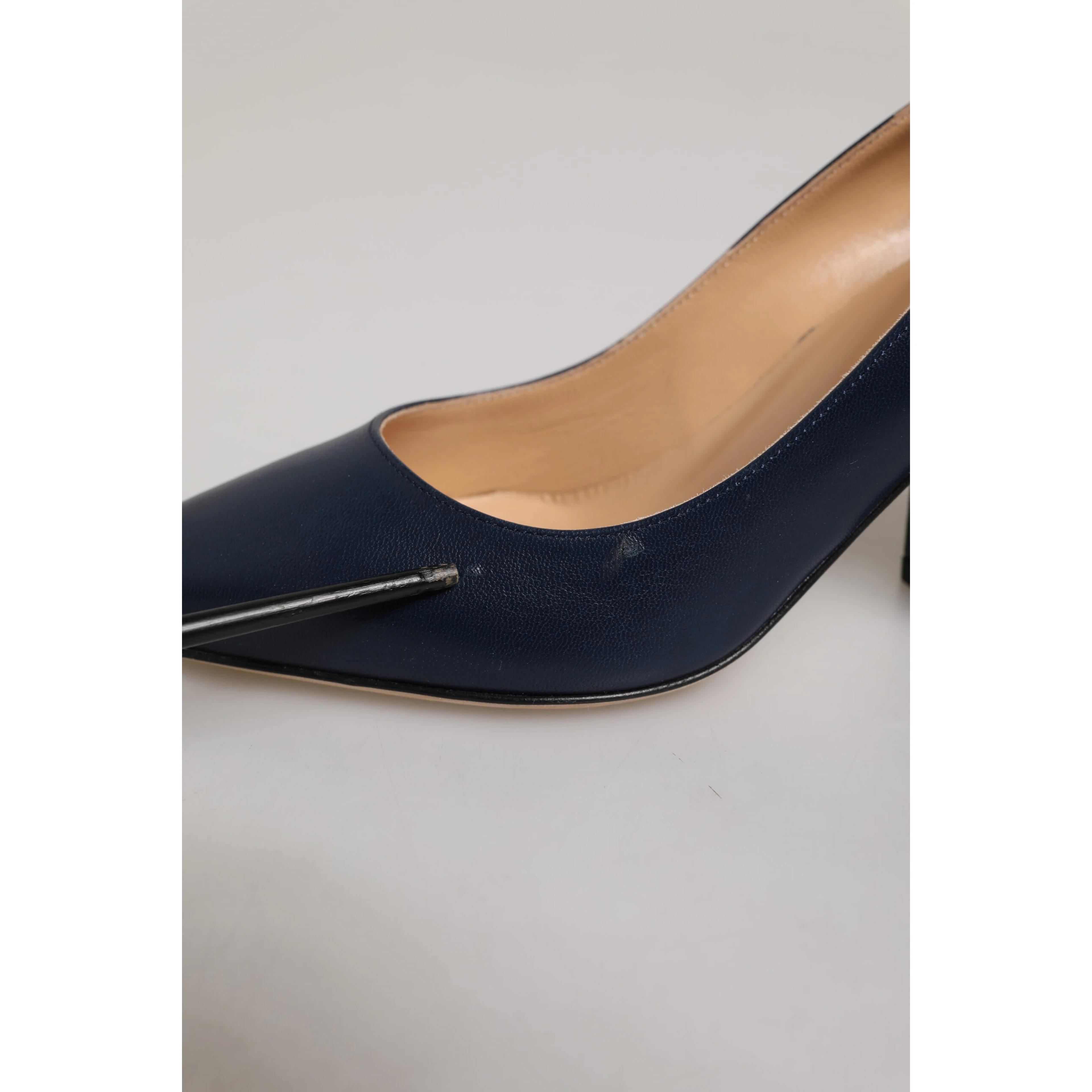 Blue Leather Pointed Toe Block Heels Shoes