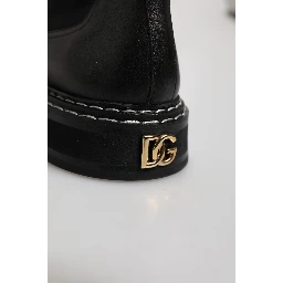 Black Leather Mid Calf Boots Flats Shoes
